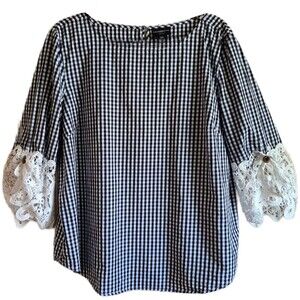 Liz Claiborne Women's Blouse Size PXXL Black White Gingham Cottage Core Petite